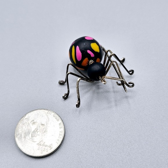 Vintage Spider Brooch 925 Sterling Silver Clay Halloween Black Widow - Picture 8 of 12
